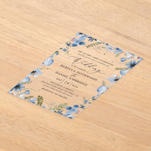 エレガント花の結婚青 アクリル招待状 (レイダウン)