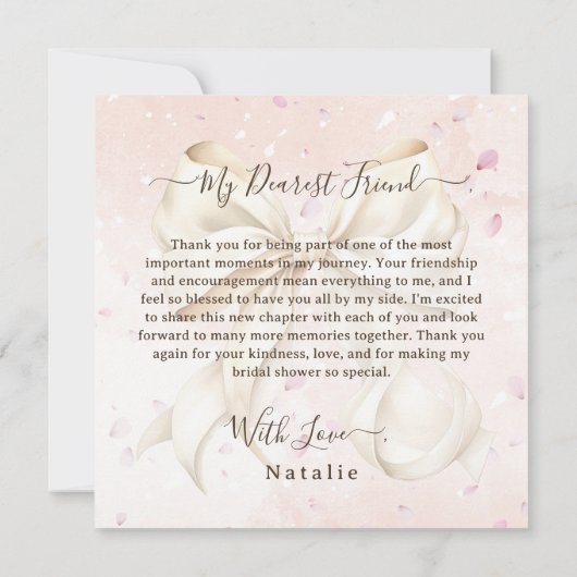 エレガント花びらバブリーブライダルシャワーサンキューカード (裏面)