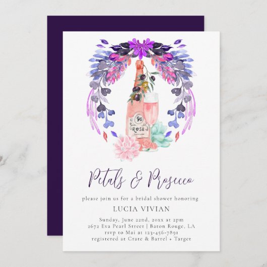 エレガント花びら&プロセッコフローラブライダルシャワー 招待状 (正面/裏面)
