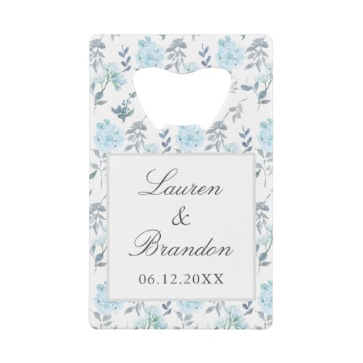 エレガント花グレイ結婚ブルー クレジットカード栓抜き (正面)