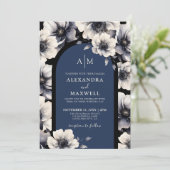 エレガント花ネイビー青フローラ結婚ズ 招待状 (スタンド正面)