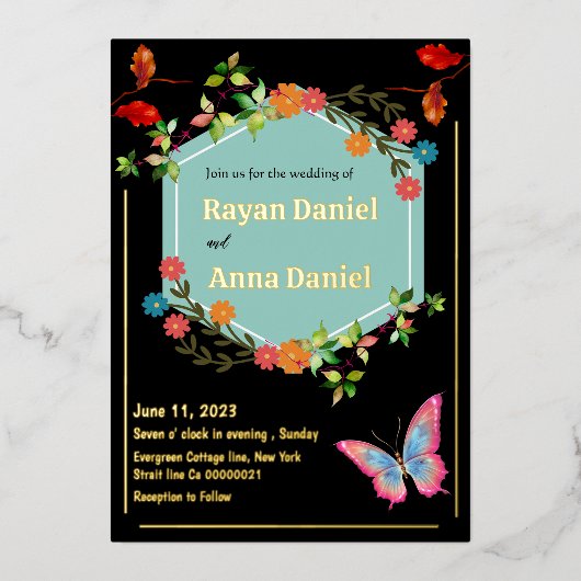 エレガント花フローラ結婚 箔招待状 (正面)