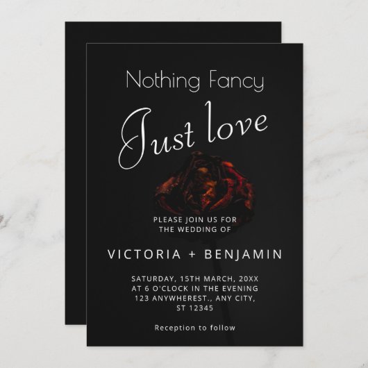 エレガント花ミニマル濃いムーディ結婚ーズ 招待状 (正面/裏面)