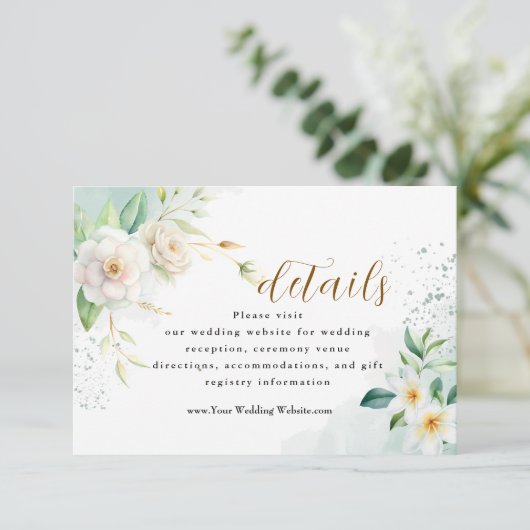 エレガント花嫁の白フローラと緑離れの エンクロージャーカード (スタンド正面)