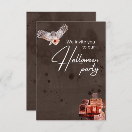 エレガント花模様とスカルハローウィンパーティ 招待状 (正面/裏面)