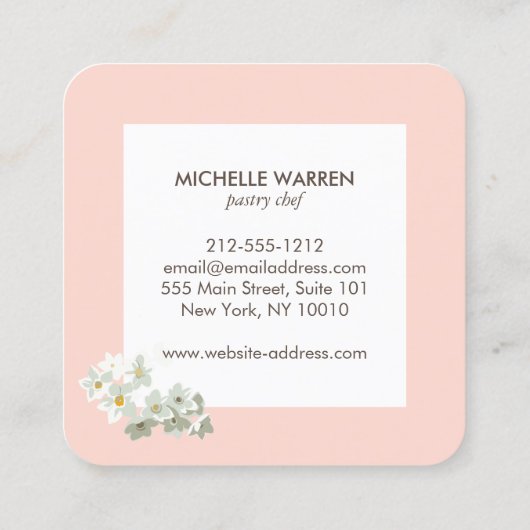 エレガント花模様ケーキ付きピンク飾ケーキ スクエア名刺 (裏面)
