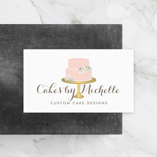 エレガント花模様ケーキ付きピンク飾ケーキ 名刺