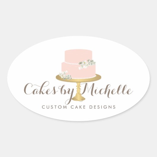 エレガント花模様ケーキ付きピンク飾ケーキ 楕円形シール (正面)