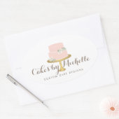 エレガント花模様ケーキ付きピンク飾ケーキ 楕円形シール (封筒)