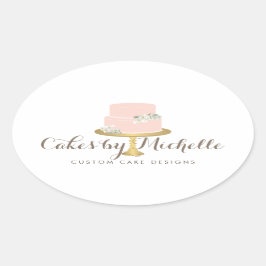エレガント花模様ケーキ付きピンク飾ケーキ 楕円形シール