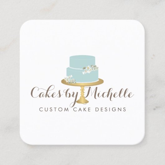 エレガント花模様ケーキ付きブルー飾ケーキ スクエア名刺 (正面)