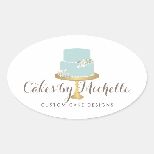 エレガント花模様ケーキ付きブルー飾ケーキ 楕円形シール (正面)