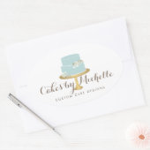 エレガント花模様ケーキ付きブルー飾ケーキ 楕円形シール (封筒)