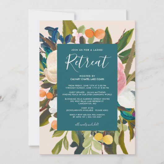 エレガント花模様ズモダンレディーズリトリートティール(緑がかった色) 招待状 (正面)