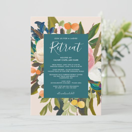 エレガント花模様ズモダンレディーズリトリートティール（緑がかった色） 招待状 (スタンド正面)