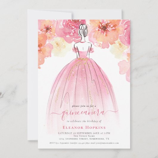 エレガント花模様ドレスピンクキンセアニェラ招待状 招待状 (正面)