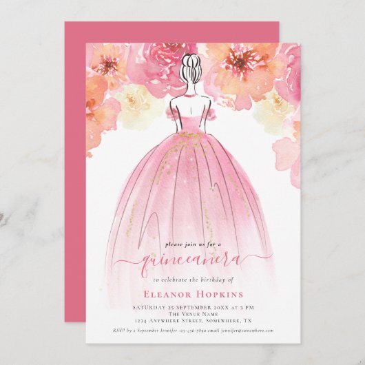 エレガント花模様ドレスピンクキンセアニェラ招待状 招待状 (正面/裏面)