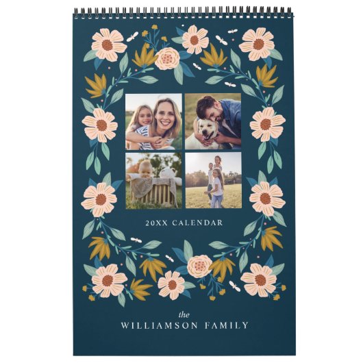 エレガント花模様フォトコラージュ家族の思い出 カレンダー (カバー)