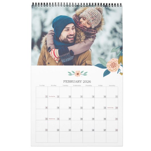 エレガント花模様フォトコラージュ家族の思い出 カレンダー (2月 2026)
