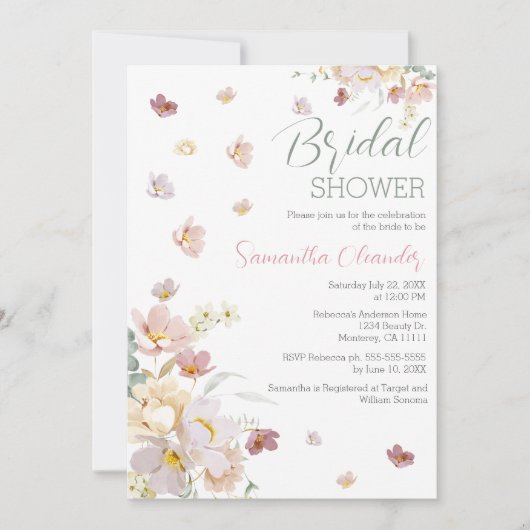 エレガント花模様ワイルドフラワーピンクブライダルシャワー 招待状 (正面)