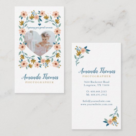 エレガント花模様写真ハート写真家 名刺 (正面/裏面)