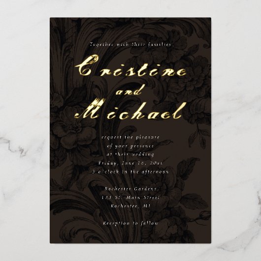 エレガント花飾結婚金ゴールド 箔招待状 (正面)