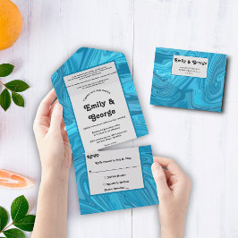 エレガント芸術的モダン青抽象芸術波結婚の オールインワン招待状