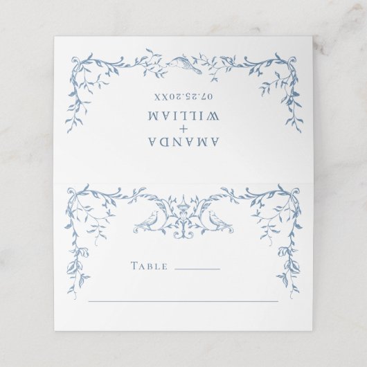 エレガント華美ビクトリアンダスティブルーフローラ結婚ズ プレイスカード (外部開封)