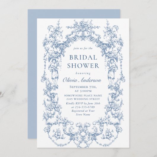 エレガント華美ビクトリアンダスティブルーブライダルシャワー 招待状 (正面/裏面)