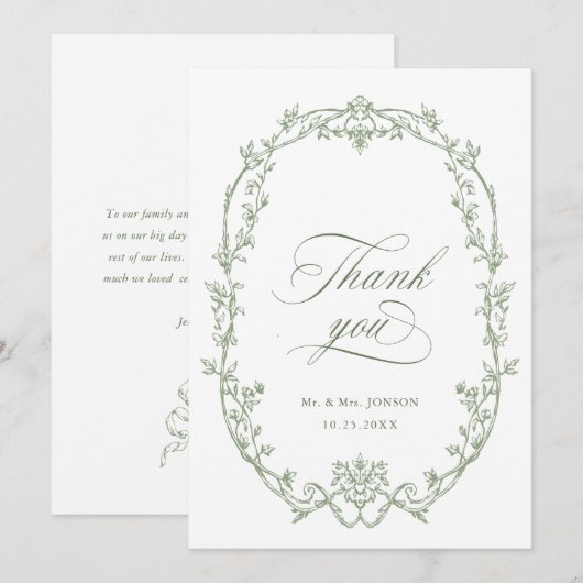 エレガント華美ビクトリアンフローラセージ結婚グリーン サンキューカード (正面/裏面)