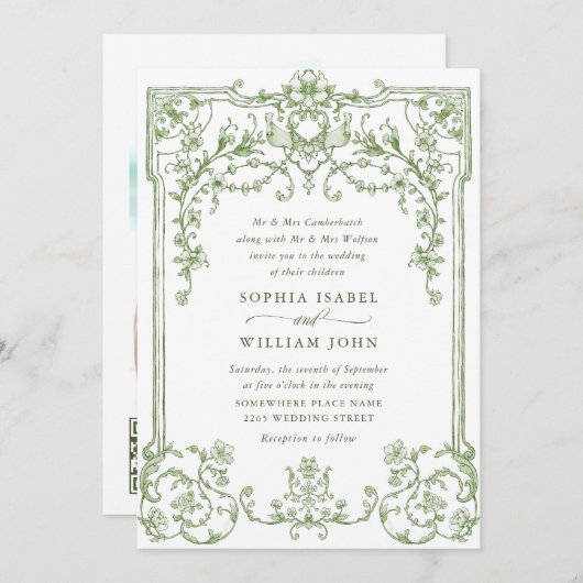 エレガント華美ビクトリアンフローラセージ結婚グリーン 招待状 (正面/裏面)