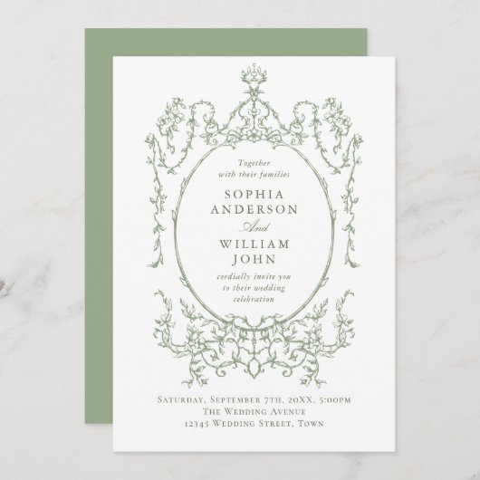 エレガント華美ビクトリアンフローラセージ結婚グリーン 招待状 (正面/裏面)