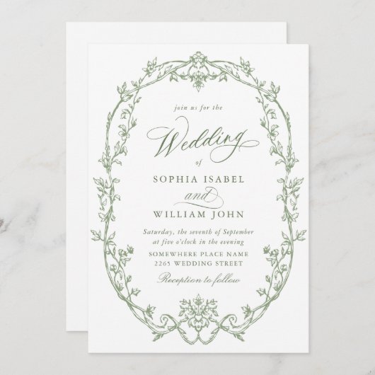 エレガント華美ビクトリアンフローラセージ結婚グリーン 招待状 (正面/裏面)