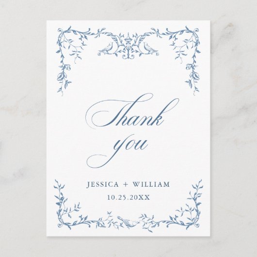 エレガント華美ビクトリアンフローラ結婚ブルー ポストカード (正面)