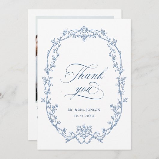 エレガント華美ビクトリアンDusty Blueの結婚写真 サンキューカード (正面/裏面)