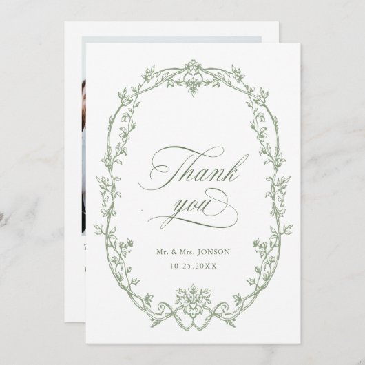 エレガント華美ビクトリアンSage Greenの結婚写真 サンキューカード (正面/裏面)