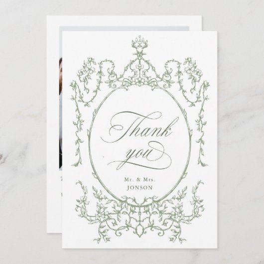 エレガント華美ビクトリアンSage Greenの結婚写真 サンキューカード (正面/裏面)