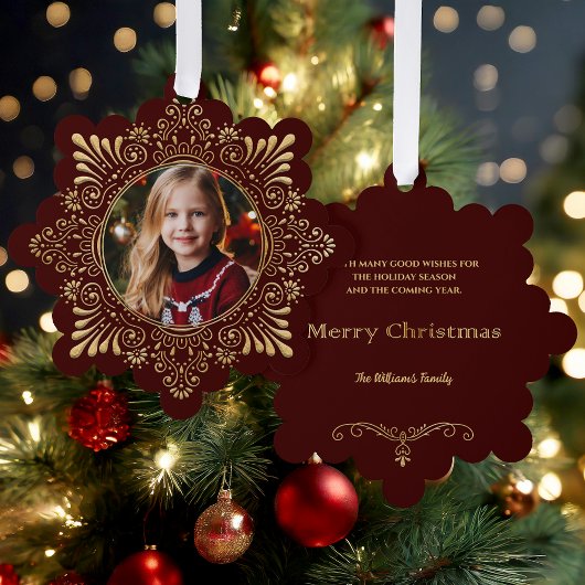 エレガント華美フェイク金ゴールドの写真の赤 オーナメントカード