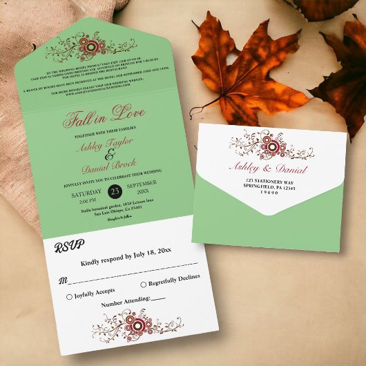 エレガント華美葉セージ秋結婚フローラ オールインワン招待状