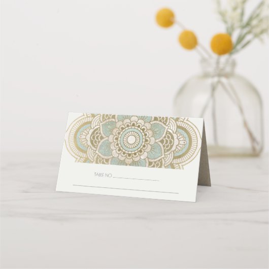 エレガント華美金ゴールドティール（緑がかった色）ターコイズマンダ結婚ラズ プレイスカード (裏面)