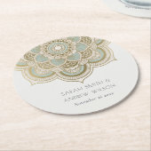 エレガント華美金ゴールドティール（緑がかった色）ターコイズマンダ結婚ラズ ラウンドペーパーコースター (アングル)