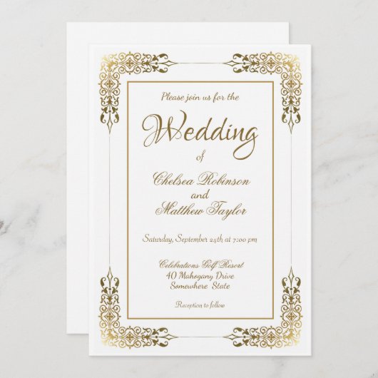 エレガント華美金ゴールド結婚レース 招待状 (正面/裏面)