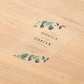 エレガント葉の緑結婚色 アクリル招待状 (レイダウン)