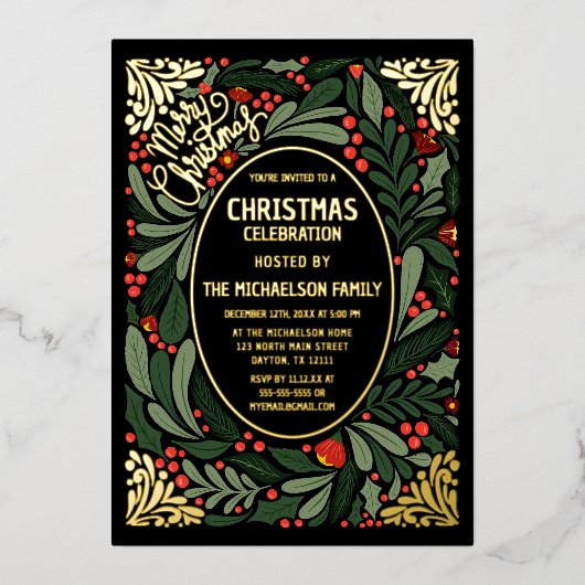 エレガント葉アートフローラパーティー金ゴールド 箔招待状 (正面)