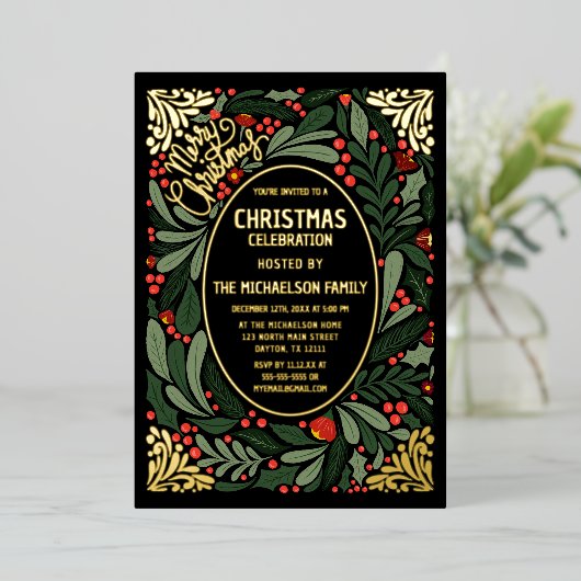 エレガント葉アートフローラパーティー金ゴールド 箔招待状 (立ち正面)