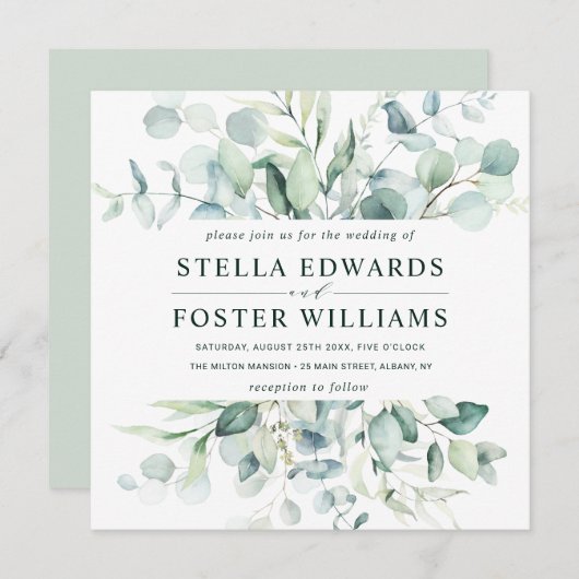 エレガント葉結婚の正方形 招待状 (正面/裏面)