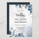 エレガント葉金ゴールドブルーウォーター結婚カラー 招待状 (正面/裏面)