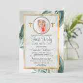エレガント葉金ゴールド写真First Communion 招待状 (スタンド正面)