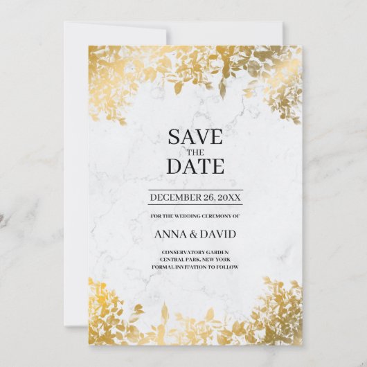 エレガント葉金ゴールド大理石が日付の結婚保存 招待状 (正面)