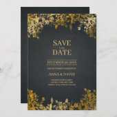 エレガント葉金ゴールド、黒い日付の結婚保存 招待状 (正面/裏面)